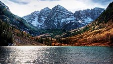 Landscape lake fall mountains pine trees snowy mountain Custom Gaming Mat Desk picture