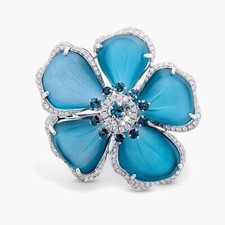 Carved Blue Chalcedony, Blue Topaz & Diamond Flower Ring picture
