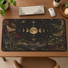 Celestial Moon Phase Desk Mat, Gothic Moth Mouse Pad, Witchy Floral Decor picture