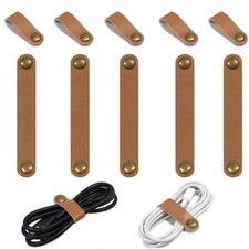 10 Pcs Cord Organizer, Brown Pu Leather Button Wraps for Phone Cord Ties picture