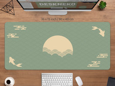 Japanese Desk Mat, Sage green Mousepad aesthetic, Clouds Koi fish sun art Japan picture