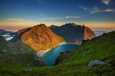 Landscape mountains beach summer norway sunset sea grass Custom Gaming Mat Desk picture