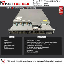 Cisco Catalyst  WS-C3650-48FD-L 48 Port 48x 1G PoE+ 2x10G Uplink Ports  Switch picture