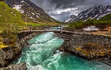 Landscape nature river bridge mountains trees clouds Custom Gaming Mat Desk picture