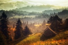 Landscape nature mist forest cabin hills morning grass Custom Gaming Mat Desk picture