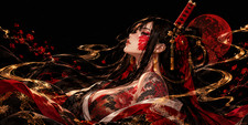 Japanese Samurai Woman Desk Mat Mouse Pad | 2 Sizes | Red Moon Anime Art. picture