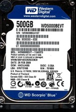 WD5000BEVT-11A03T0 S/N:WXNX DCM:HHCVJHBB WESTERN DIGITAL 500GB THAILAND FEB 2009 picture