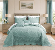 Oversized King Bedspreads 128X120, Stitched Paisley, Aqua Sky picture