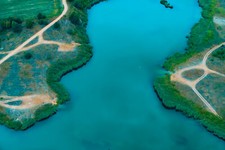 Landscape nature aerial view water lake dirt road trees Custom Gaming Mat Desk picture