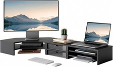 Dual Monitor Stand 2-Tier Corner Monitor Riser with Drawer and Slide-out Tray picture