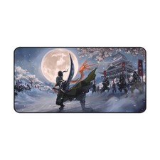 Samurai Under Full Moon Desk Mat | Lunar Battle Scene, Cherry Blossoms picture