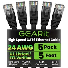 Black Cat 6 Ethernet Cable 5 FT 5 PCS RJ45 LAN Patch 10Gbps Snagless Connector picture
