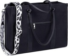Laptop Tote Bag for Women Work 15.6 inch Canvas Shoulder Black-leopard Print  picture