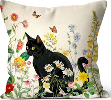 Spring Summer Funny Black Cat Flowers Art Home Decorations Outdoor Sofa Throw Pi picture