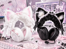 Cat Ear Headphone Headband Cover White Kitty Faux Fur Lace DIY Headset Accessory picture