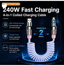 240W 4-in-1 Coiled Charging Cable 2m Ice Blue USB-A/USB-C to USB-C/Lightning picture