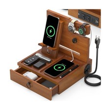 Wood Phone Docking Station with USB Ports and Outlets, Nightstand Organizer w... picture