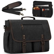  Mens Messenger Bag 17-17.3 Inch Vintage Canvas Briefcase Water-resistant Black picture