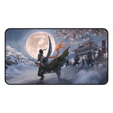 Samurai Under Full Moon Desk Mat | Lunar Battle Scene, Cherry Blossoms picture