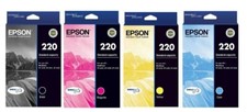 Set 4 Genuine FACTORY SEALED Epson 220 Blk Cyn Yel Inkjet Cartridges 2027 picture