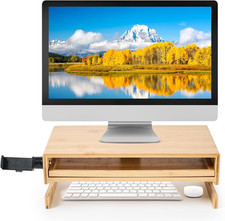 Wood Monitor Stand Riser Organizer for Desk Top with Storage Drawer & Phone Hold picture
