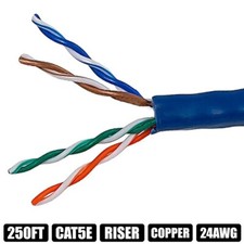 250FT Cat5E Ethernet LAN Network UTP Cable CMR Riser Solid Bulk Wire 24AWG Blue picture