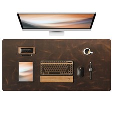 YSAGi 35.4x17 Real Leather Desk Mat 2mm Dark Brown Stitched Office Mouse Pad picture
