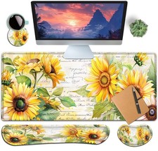 Large Gaming Mouse Pad Keyboard Wrist Rest Set Sunflower White 31.5x11.8 Inch picture
