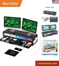 2-Tier Monitor Stand with USB Port & Storage Drawers - Black Metal Elegance picture