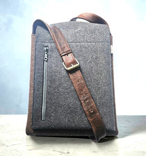 Graf & Lantz Grey/Brown Marino Wool Felt Messenger Crossbody Bag Leather Strap picture