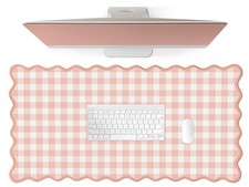 Scalloped‌ Pink Checkered Gingham Desk Mat Cute Pastel Large Mouse Pad Kawaii... picture