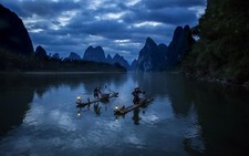 Landscape nature river hills clouds trees fisherman boat Custom Gaming Mat Desk picture