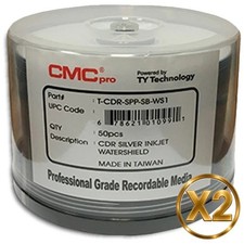 100-Pak CMC PRO =WATERSHIELD & GLOSSY= Silver Pearl Inkjet Hub 52X 80-Min CD-R's picture