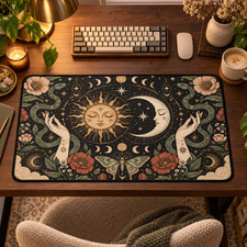 Celestial Sun Moon Desk Mat, Witchy Floral Mouse Pad, Boho Office Decor picture