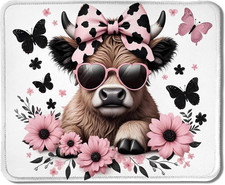 Highland Cow Mouse Pad, Coquette Pink Bow Floral Cow Mouse Pads for Wireless ... picture