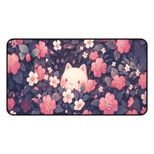 Kawaii Camellia Cat Desk Mat, Large Mouse Pad Pink Floral Non-Slip Gaming Mat picture