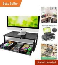 Sturdy 2-Tier Metal Monitor Stand with Drawer - Space-Saving Office Solution picture