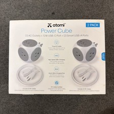 Atomi Power Cube 2 Pack White Gray 3 AC Outlets USB-C USB-A 5ft Cable NEW picture