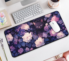 Kawaii Black Cat Camellia Desk Mat, Large Mouse Pad Dark Purple for Gaming Setup picture