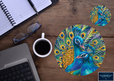 COLORFUL BLUE PEACOCK ART ROUND MOUSE PAD & DRINK COASTER OFFICE 2pc GIFT SET picture