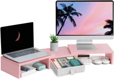 Pink Dual Monitor Stand Riser with Drawer - Length and Angle Adjustable Double C picture