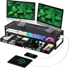2-Tier Metal Dual Monitor Stand W/ USB & 2 Drawers Black 2 drawers Non-slip base picture
