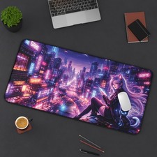Cyberpunk Neon City Gaming Desk Mat 16x32 XL Anime Mouse Pad Cat Girl Art picture