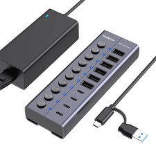 60W Powered 10 Port USB Hub 10Gbps Splitter Aluminum 6 USB A And 4 USB C Adapter picture