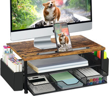 2-Tier Wood Monitor Stand Riser with Drawer, Pen Holder & Phone Slot picture