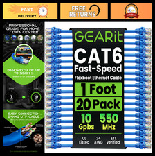 20-Pack Cat6 Ethernet Patch Cable 1ft Snagless Flexible Soft Tab - Premium Quali picture