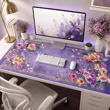 Floral Desk Mat Computer Flowers Mat Large Keyboard Mouse Pad Stitched Edges Gir picture