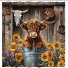 Western Highland Cow Shower Curtain Farmhouse Cute Cowboy Calf Barn Door Sunflow picture