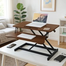32 Inch Desk Converter, Height Adjustable Sit to Stand Riser Walnut Color picture
