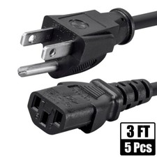 5x 3FT NEMA 5-15P to IEC320 C13 AC Power Cord Cable US 3-Prong 18AWG 10A 125V picture